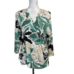 Coldwater Creek Blouse Top size Large Green Tan Floral Tropical Jersey Stretch